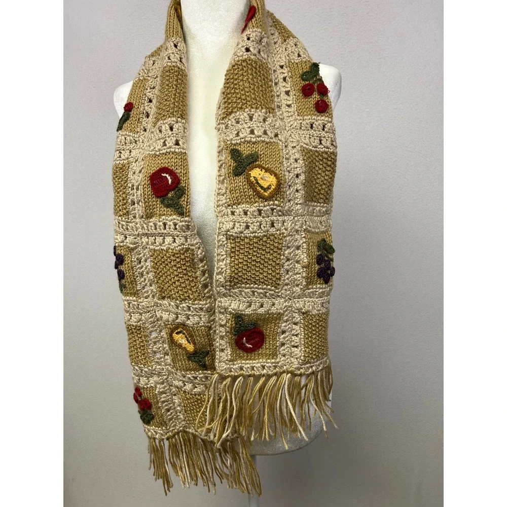 Cottagecore Handmade Women One‎ Size Tan Crochet Fruit Applique Fringe Scarf